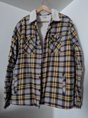 Sherpa-Lined Plaid Shirt Jacket in Yellow and Gray